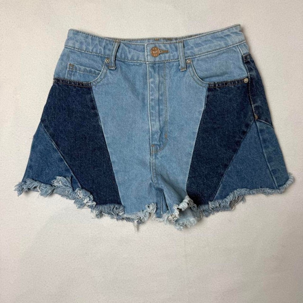 Gemma Rae Color Block Denim Shorts Y2K Frayed Raw Hem High Rise Size 5/2